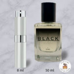 Size comparison of Black by B.UNIQ: original 50ml bottle and 8ml travel atomizer