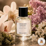 The original bottle of Decou Vert by Laboratorio Olfattivo with a visualization of the fragrance notes:Green leaves, Lily of the valley, Magnolia, Lilac, Jasmine, Aquatic notes, Musk, Oakmoss.