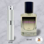 Size comparison of Librelle by B.UNIQ: original 50ml bottle and 8ml travel atomizer