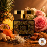 The original bottle of Äican by Kajal eau de parfum with a visualization of the fragrance notes: Mandarin, ginger, woody notes