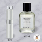 Size comparison of Decou Vert by Laboratorio Olfattivo: original 100ml bottle and 8ml travel atomizer
