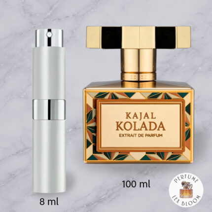 Size comparison of Kolada by Kajal extrait eau de parfum- Decant : original 100ml bottle and 8ml travel atomizer