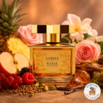 "The original bottle of Lamar by Kajal Eau de Parfum with a visualization of the fragrance notes: pineapple, red berries, apple, cardamom, coriander, Bulgarian rose, Turkish rose, magnolia, jasmine sambac, musk, vanilla, amber, cashmere wood, cedar, and moss."