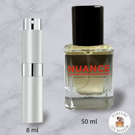 Size comparison of Nuance by B.UNIQ: original 50ml bottle and 8ml travel atomizer