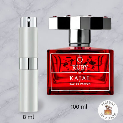 Size comparison of Ruby by Kajal eau de parfum- Decant : original 100ml bottle and 8ml travel atomizer