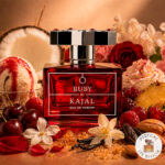 The original bottle of Ruby by Kajal eau de parfum with a visualization of the fragrance notes: fruity, floral, sweet accords