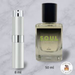 Size comparison of Soul by B.UNIQ: original 50ml bottle and 8ml travel atomizer