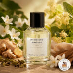 The original bottle of Tiglio Mirabilis Laboratorio Olfattivo with a visualization of the fragrance notes: Neroli, Cardamom, Ginger, Linden blossom, Jasmine, Musk, Cashmere wood.