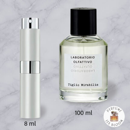 Size comparison of Tiglio Mirabilis Laboratorio Olfattivo: original 100ml bottle and 8ml travel atomizer