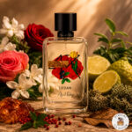 The original bottle of Urban by Alfred Ritchy with a visualization of the fragrance notes