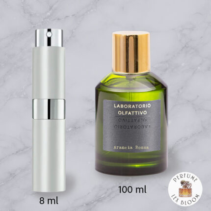 Size comparison of Arancia Rossa by Laboratorio Olfattivo on a marble background with Lexbloom store logo.