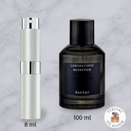 Size comparison of Nektar by Laboratorio Olfattivo on a marble background with Lexbloom store logo.