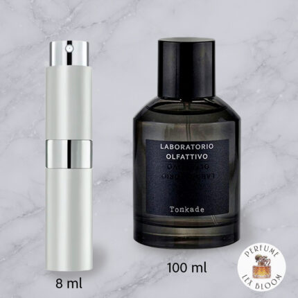 Size comparison of Tonkade by Laboratorio Olfattivo on a marble background with Lexbloom store logo.