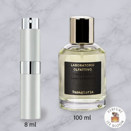 Size comparison of Vanagloria by Laboratorio Olfattivo on a marble background with Lexbloom store logo.