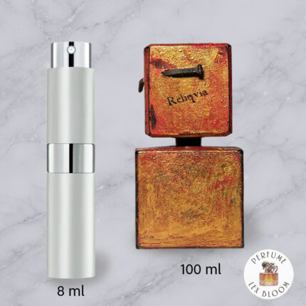 Size comparison between Reliqvia Filippo Sorcinelli full bottle and 8ml decant.